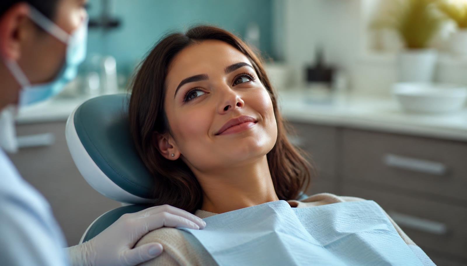 Paciente tranquila e sorridente na cadeira odontológica durante atendimento
