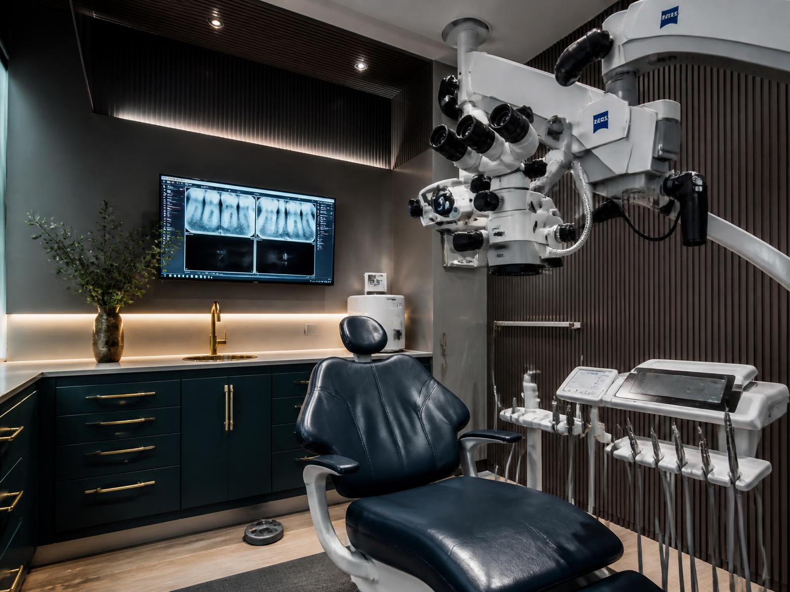 Consultório com microscópio operatório Carl Zeiss posicionado sobre a cadeira
