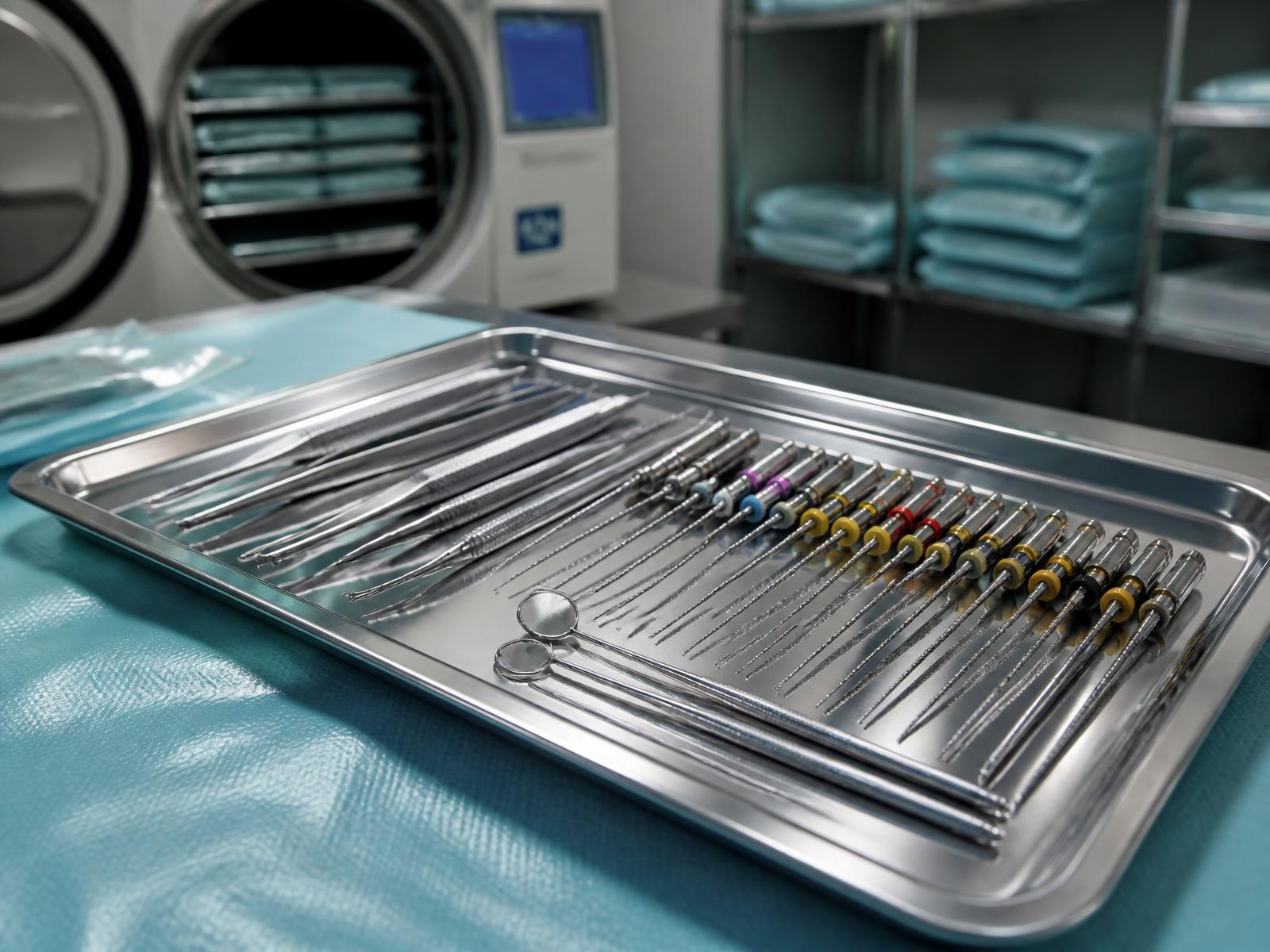 Instrumentos endodônticos esterilizados organizados em bandeja de aço inoxidável