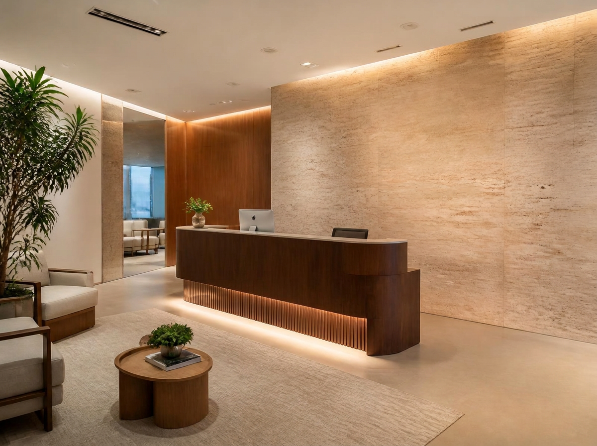 Recepção da Fenelon Endodontia, com acabamento em travertino e iluminação suave