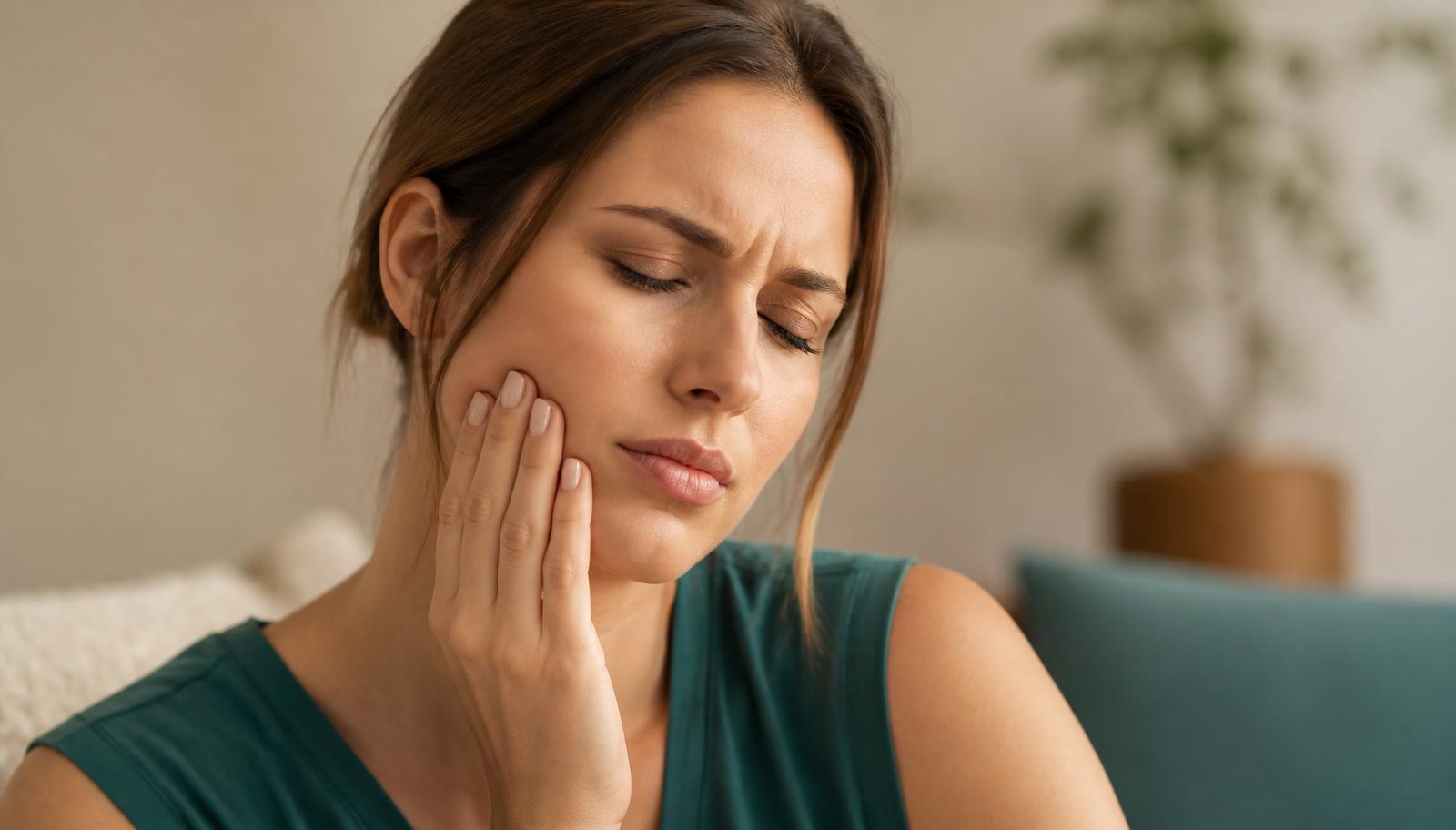 Mulher com a mão no rosto sentindo dor de dente